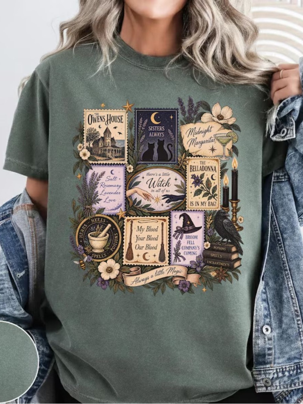 Comfort Colors Witch Patchwork Graphic Tee, Illustration of Cat Moon and Flowers